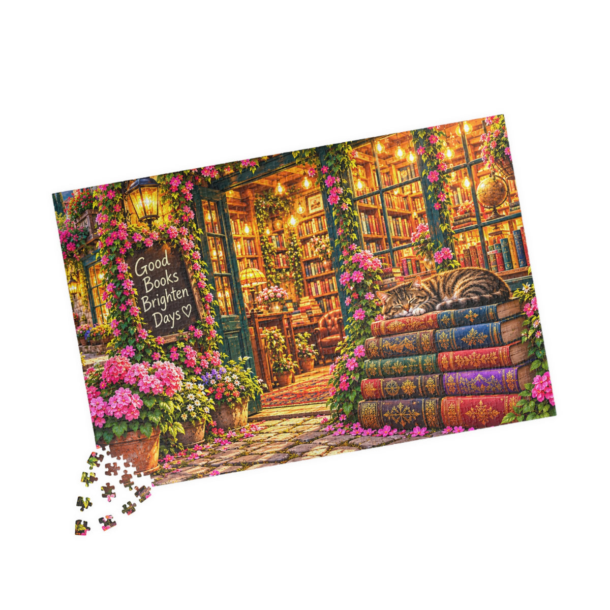 Cozy Bookshop Jigsaw Puzzle for Adults – Cat & Floral Bookstore (110, 252, 520, 1014 Pcs)