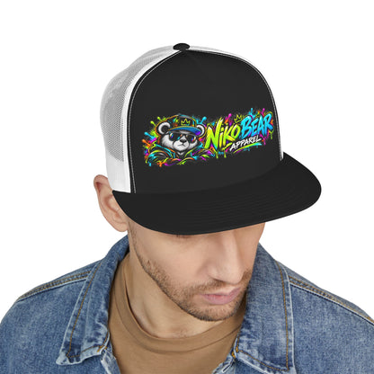 "NikoBear Apparel Colorful Graffiti Bear 5 Panel Trucker Cap | Urban Streetwear Hat Snapback