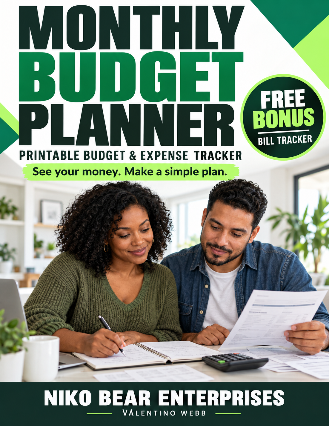 Monthly Budget Planner Printable: Expense & Bill Tracker, including a free bonus Bill Tracker, by Niko Bear Enterprises.