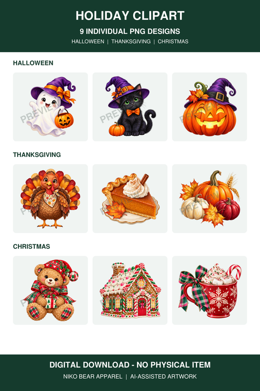 Preview of nine digital clipart PNG designs: Halloween ghost, cat and pumpkin; Thanksgiving turkey, pie and harvest pumpkins; Christmas bear, gingerbread house and cocoa. Digital files only.