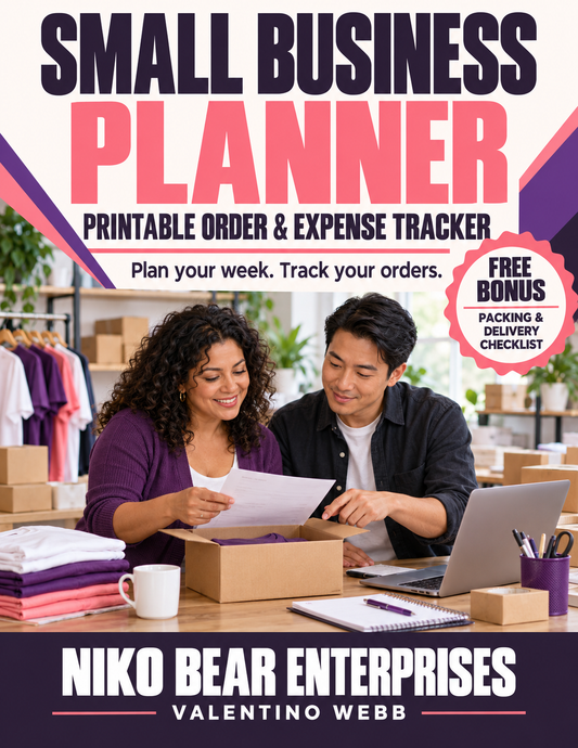 Small Business Planner Printable: Order and Expense Tracker, with a free Packing and Delivery Checklist, by Niko Bear Enterprises.